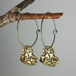 HAND CRAFTED Vintage Style Boho Heart Brass Minimalist Hoop Earrings